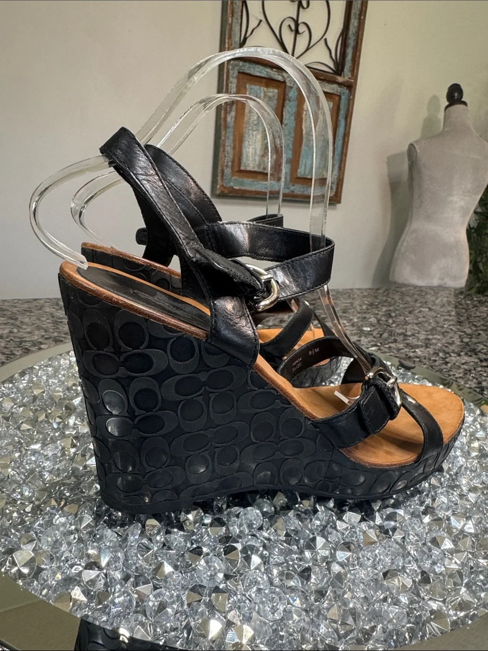 Coach Elize leather Black Logo-Embossed Wedge Sandals with Buckle Detail